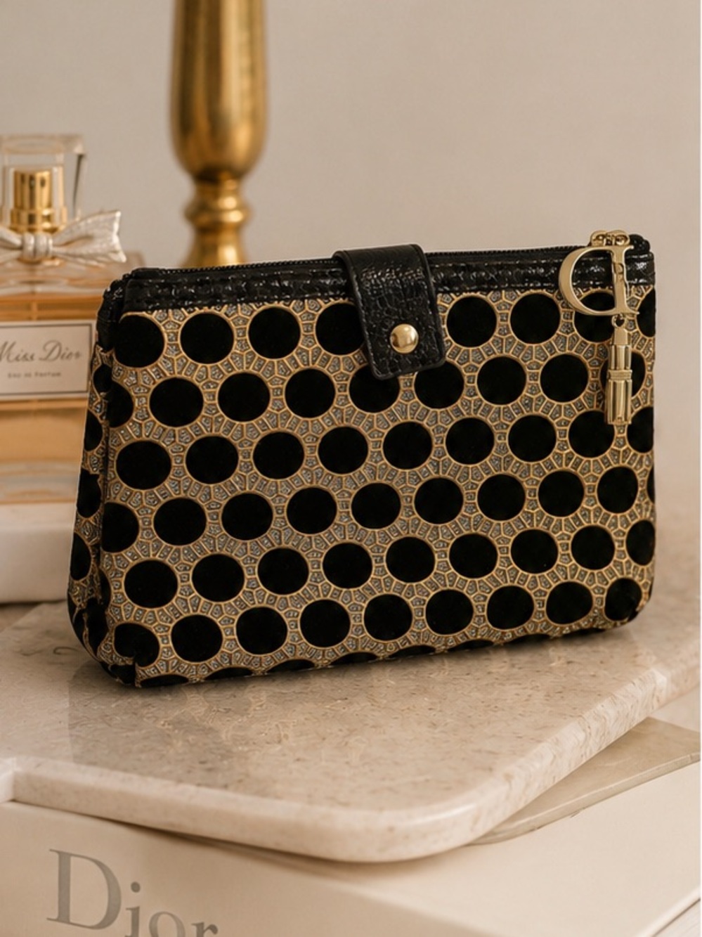 DIOR Black & Gold Luxe Cosmetic Pouch Designer Makeup Bag | NWOB